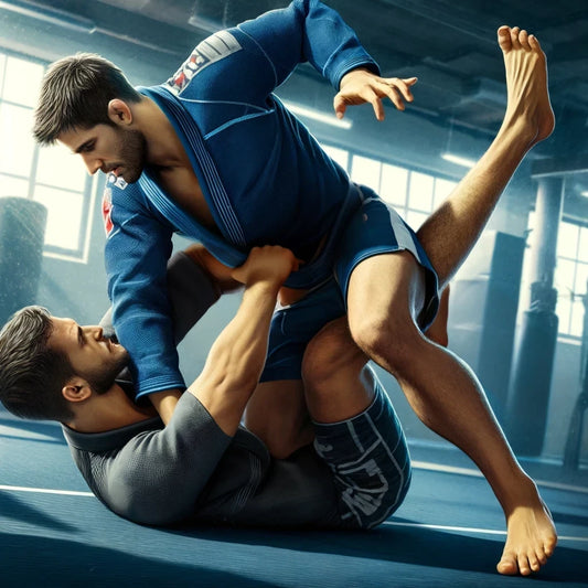 A detailed illustration showing two Brazilian Jiu-Jitsu practitioners side by side, one wearing a traditional Gi with belts and patches, and the other in No-Gi attire like rash guards and shorts, show