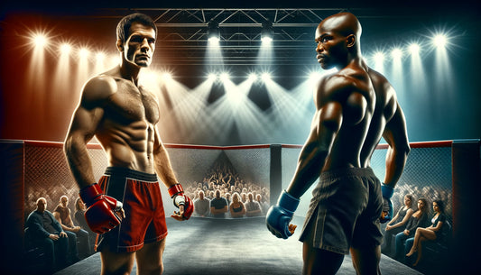 A dynamic, high-energy scene at a mixed martial arts gym featuring diverse athletes in the middle of training, with punches being thrown and kicks in mid-air, all under the watchful eye of a seasoned 