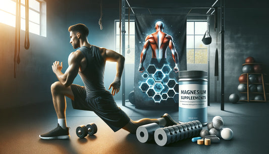 An illustration of a professional male boxer in a gym, drinking a magnesium supplement from a sleek, modern bottle, surrounded by visual elements like magnesium rich foods and a faded banner of health