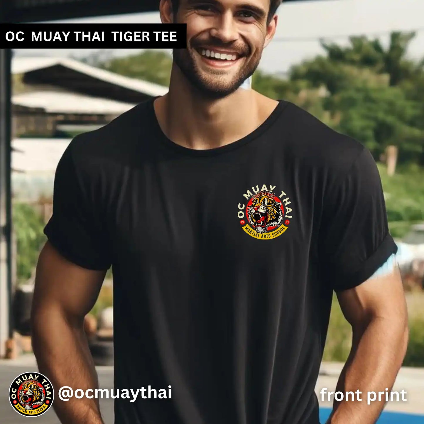 OC Muay Thai Bold Tiger Tattoo Style T-Shirt - Multicolor Front and Back Print Tee