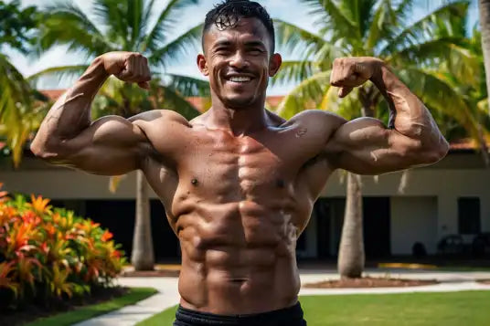 Male fighter smiling in action pose with Fightamins HYDRATE+ for hydration